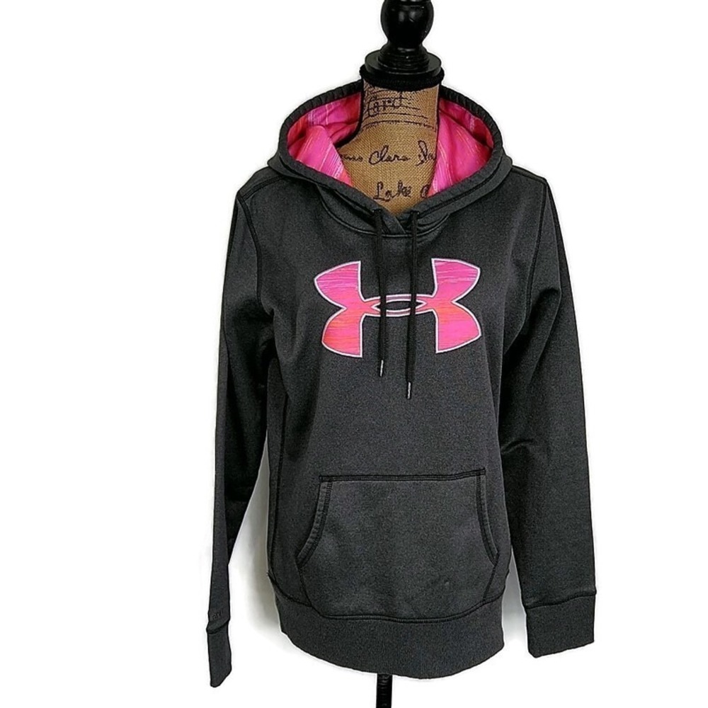 Under Armour‎ ColdGear Hoodie Charcoal Pink Logo Athletic Sweatshirt sz M